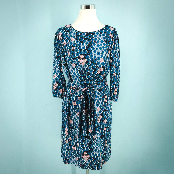 Boden Size 10 R Kelly Tie Waisted Blue Floral Print Scoop Long Sleeve Dress - Picture 1 of 7